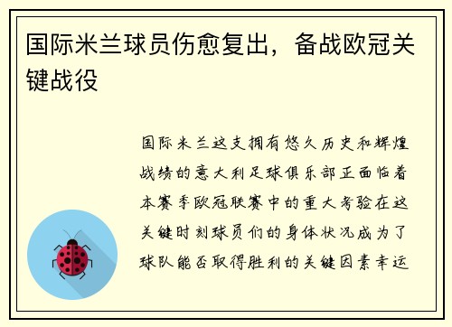 国际米兰球员伤愈复出，备战欧冠关键战役