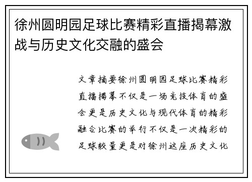 徐州圆明园足球比赛精彩直播揭幕激战与历史文化交融的盛会